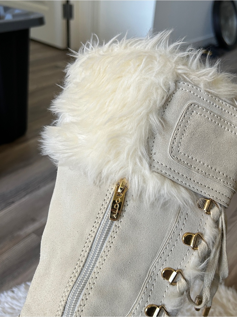 Y2K Coquette “Aldo” Cream and Gold Suede Faux Fur Trim Lace-up Wedge Boots - Picture 6 of 6